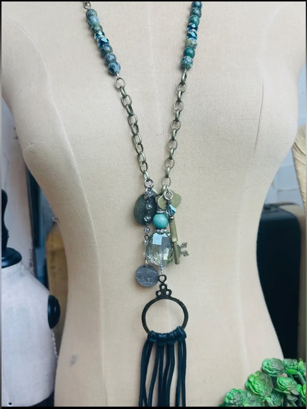 Gypsy Junk Turquoise Leather Fringe Boho Tassel Charm Pendant Necklace